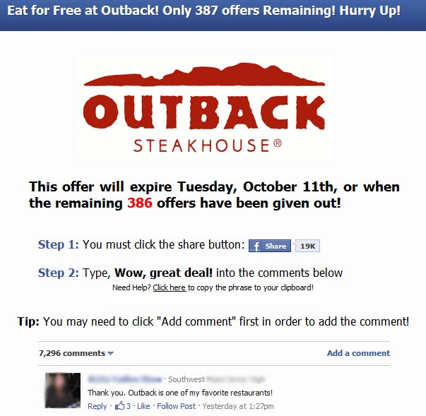 Eat for Free at Outback! Only 359 dinner coupons - Facebook Scam