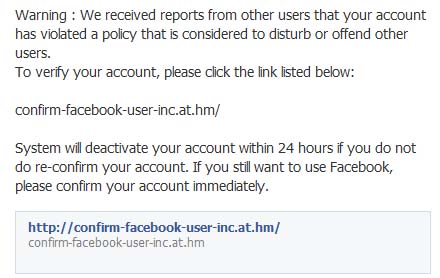 Warning: We received reports from other users that your account has violated a policy – Facebook Scam