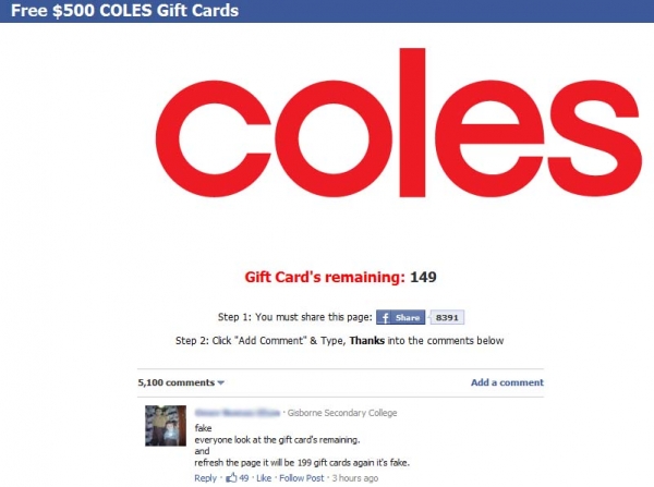 Free $5000 Gift Card for COLES - Facebook Scam