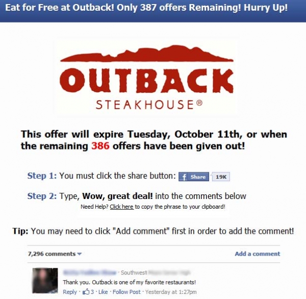 Eat for Free at Outback! Only 359 dinner coupons – Facebook Scam