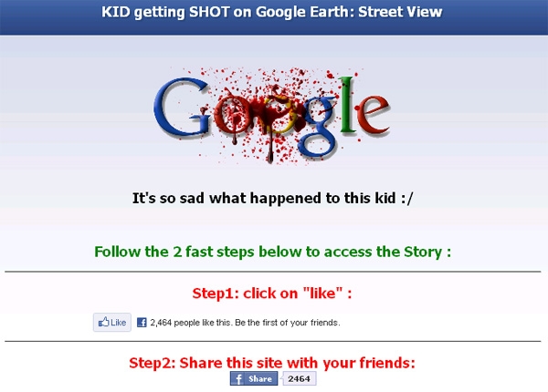 'SHOCKING – > Kid getting SHOT on Google Earth: Street View' – Facebook Scam