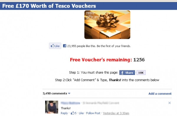Free 170 Worth of Tesco Vouchers - Facebook Scam
