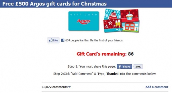 Free 500 Argos gift cards for Christmas - Facebook Scam